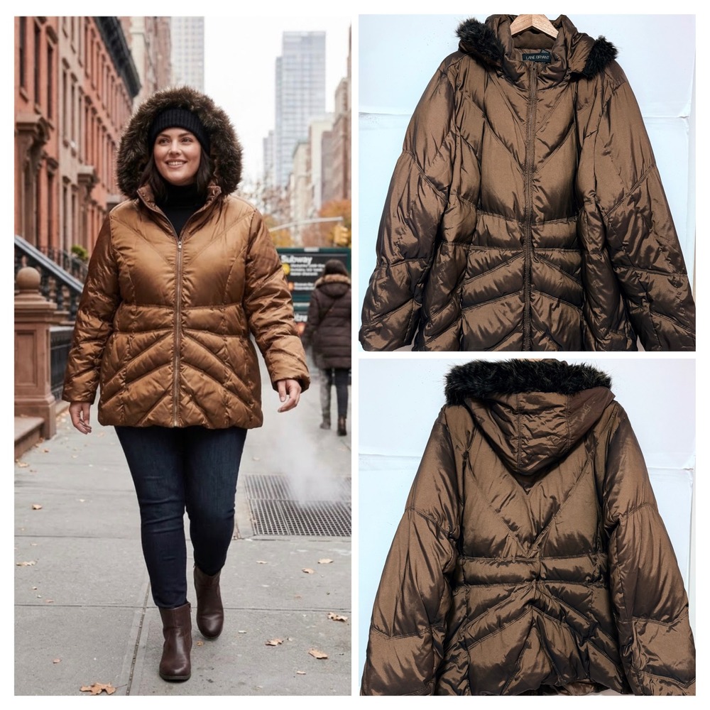 Down/Feather Puffer Jacket Women Plus Sz 26/28 Brown Hooded Faux Fur Warm Cozy